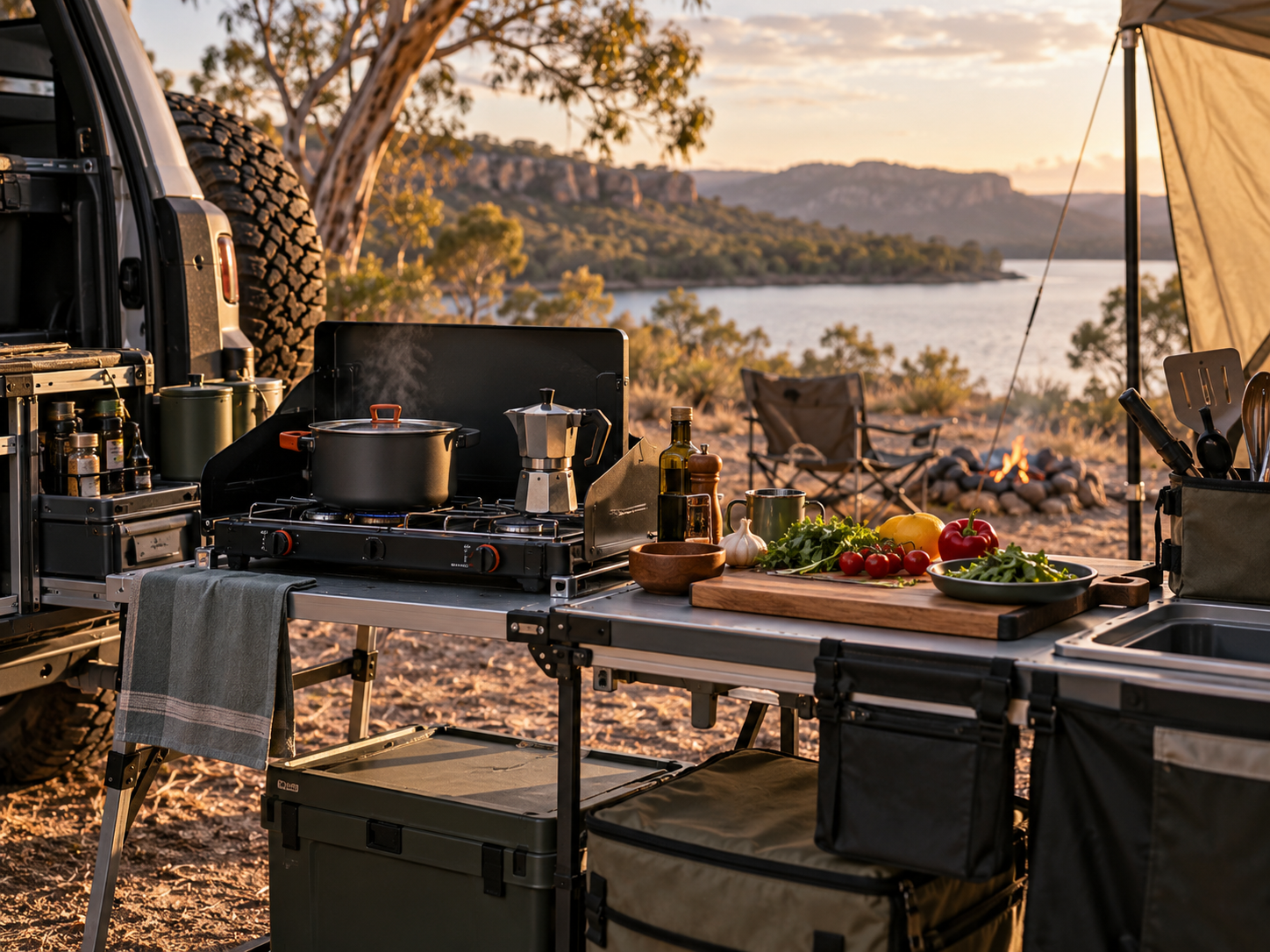 Camp kitchen with cooking equipment