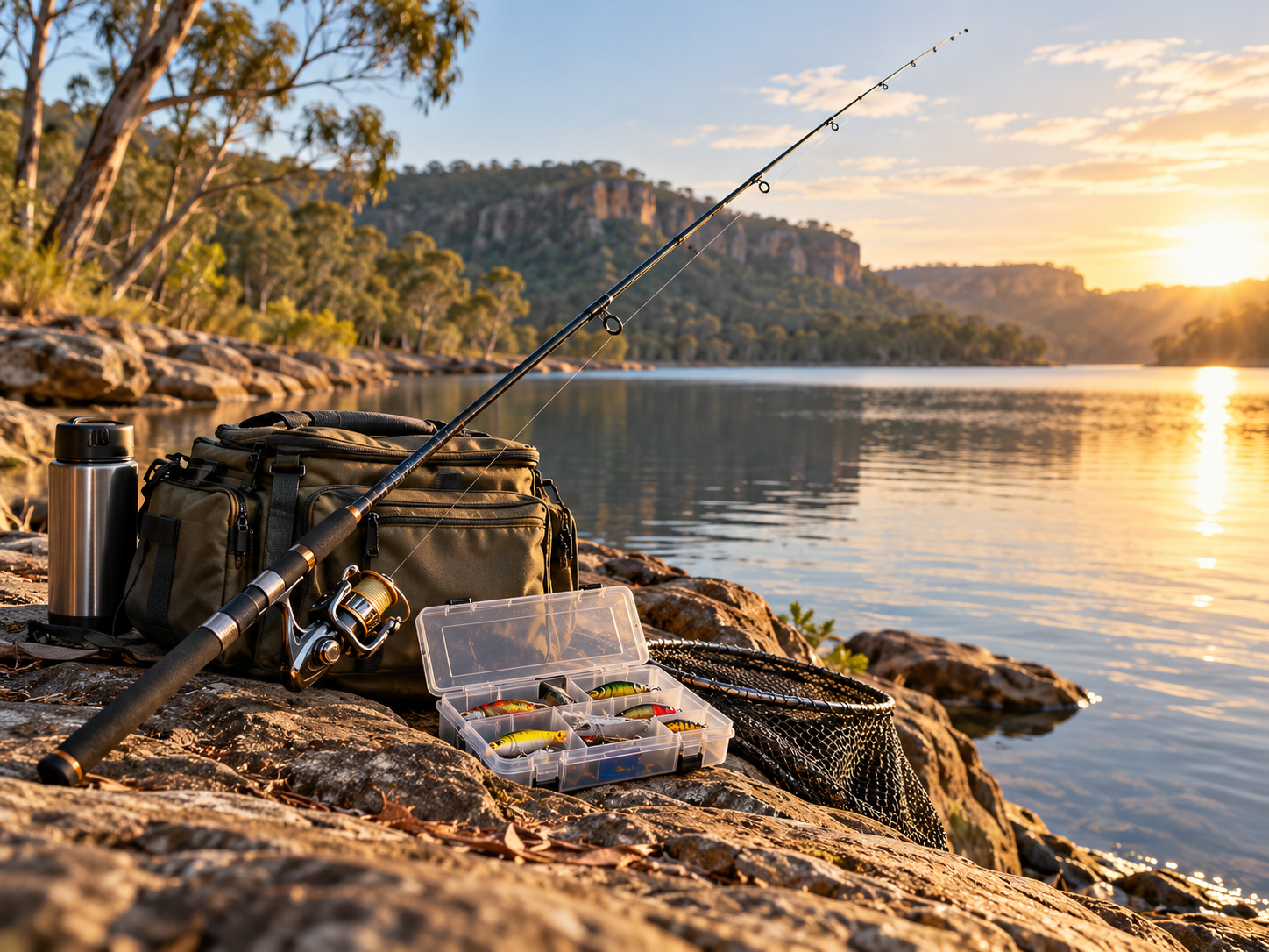 Fishing rods and tackle at an outdoor fishing spot