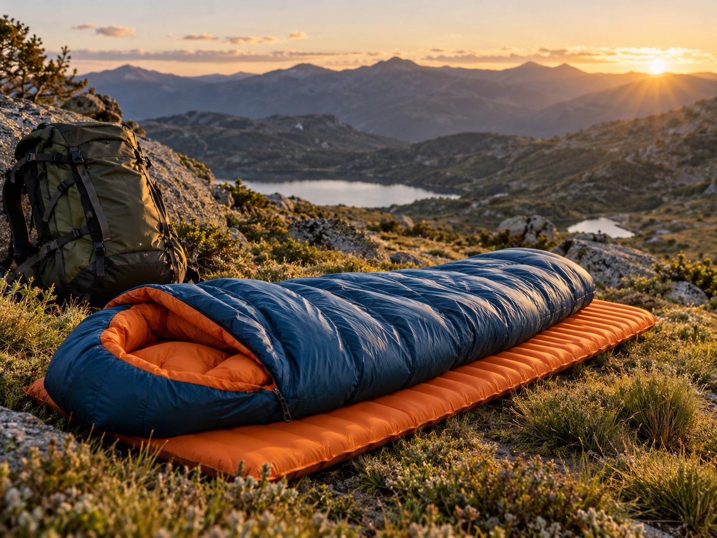Sleeping bag and sleeping gear at a campsite